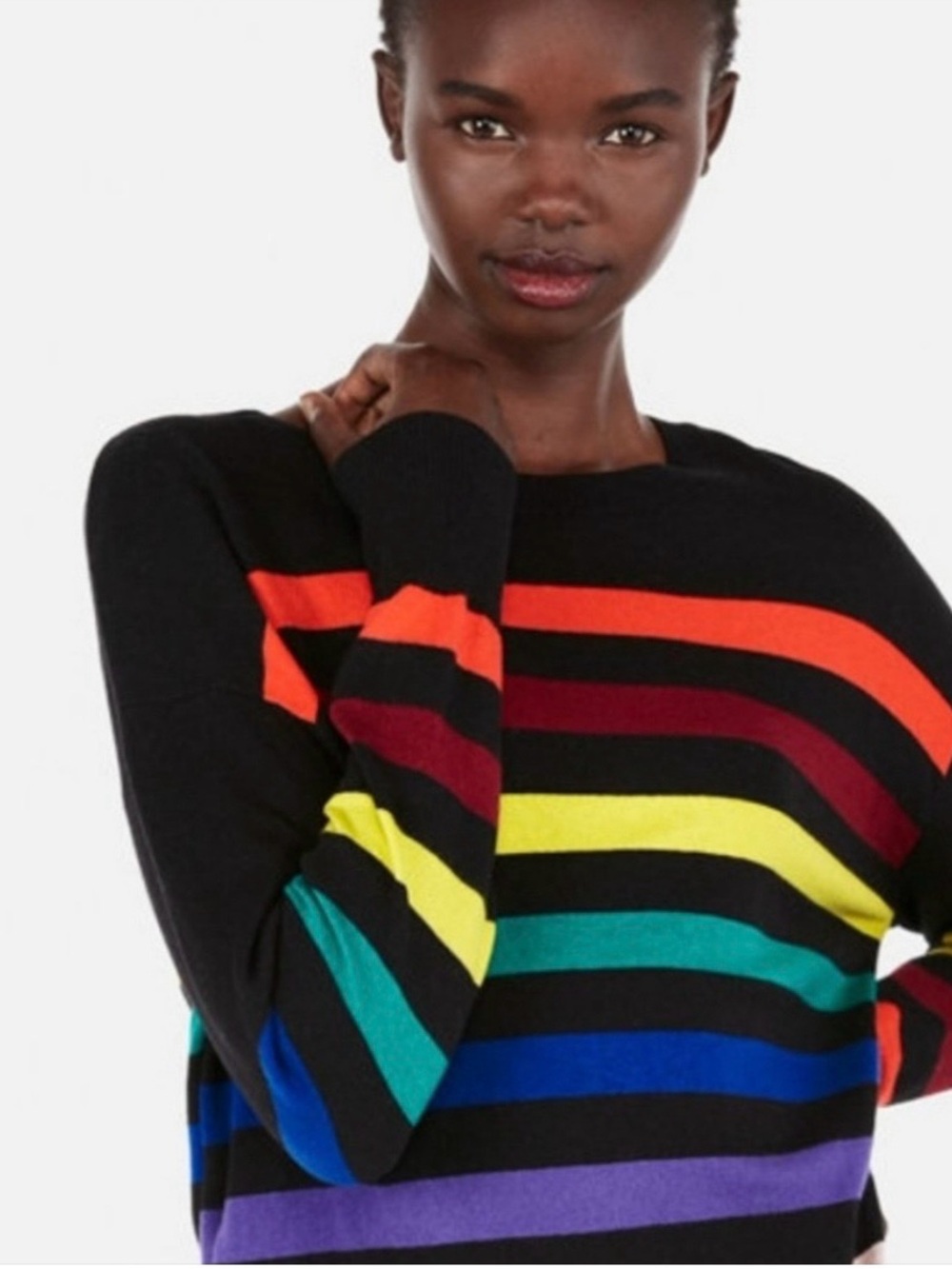 Express Black Multi Color Rainbow Stripe Crewneck Sweater Small